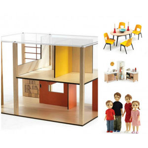 Domček pre bábiky - moderný domček - súprava s nábytkom a s rodinou Toma a Marion